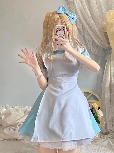 Pure & Alluring Cat-Themed Maid Costume - Sexy Lolita Bunny Girl Dress Set for Cosplay - Blue Alice three-piece set (dress + apron + headpiece included)