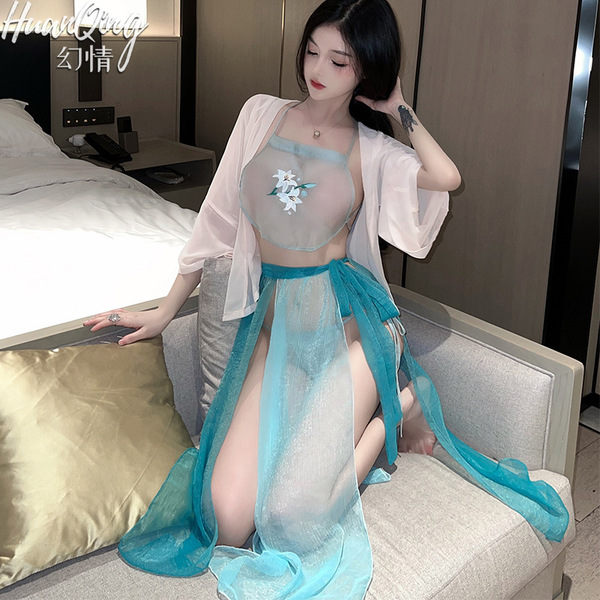 Elegant sheer top with floral design paired with flowing teal skirt, perfect for seductive sleepwear or roleplay costumes.