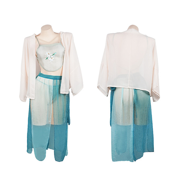 Elegant alluring hanfu-inspired lingerie set for small bust, featuring delicate floral embroidery and flowing turquoise panel...
