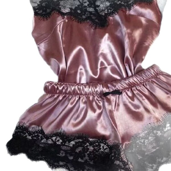 Amazon ice silk womens summer sleepwear set featuring a silky cami top with lace trim and matching shorts, perfect for cozy n...
