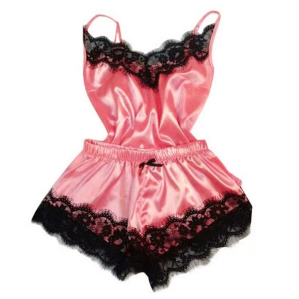 Amazon ice silk womens summer sleepwear set featuring a pink cami with black lace trim and matching shorts, perfect for cozy ...