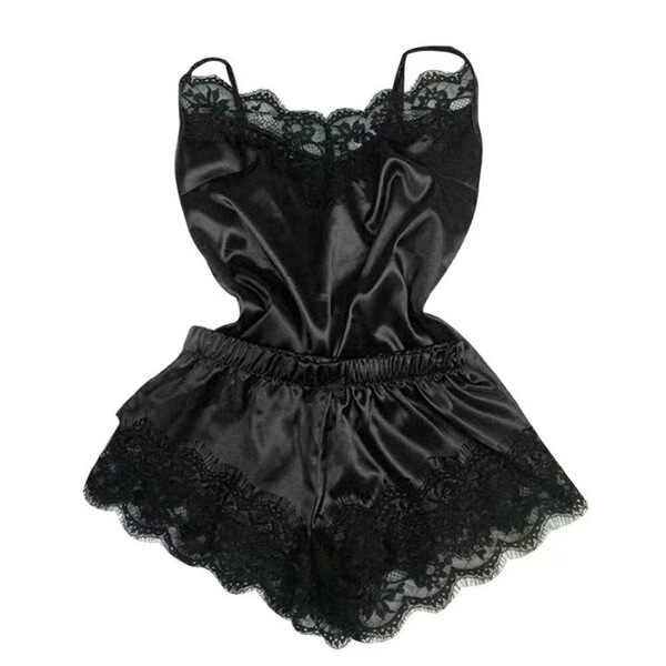Amazon ice silk womens summer sleepwear set – sexy lace cami & shorts two-piece outfit featuring elegant black lace detailing...