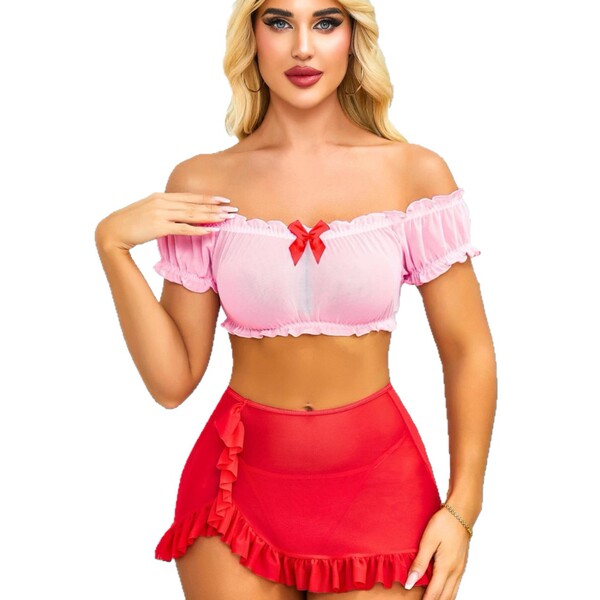 Off-shoulder sheer mesh two-piece nightwear set featuring ruffled edges and a red bow detail, perfect for plus-size women see...