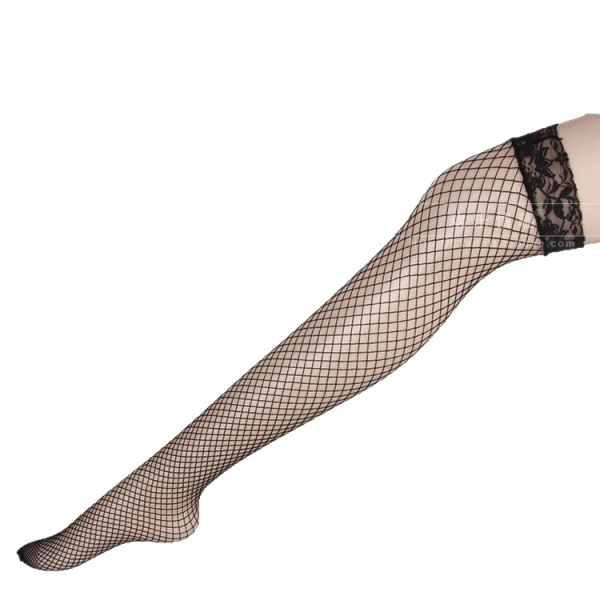 Sheer mesh fishnet thigh-high stocking with lace top, part of the amazon sexy deep v lace bodysuit lingerie set for women.