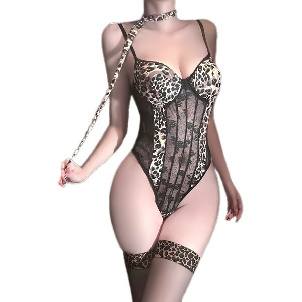 Sexy mesh leopard print bodysuit with fishbone detailing and matching accessories, perfect for summer lingerie.