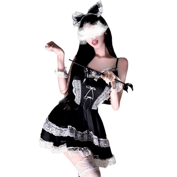 Amiye sexy lingerie set - black gothic lolita maid costume with lace trim & adjustable straps