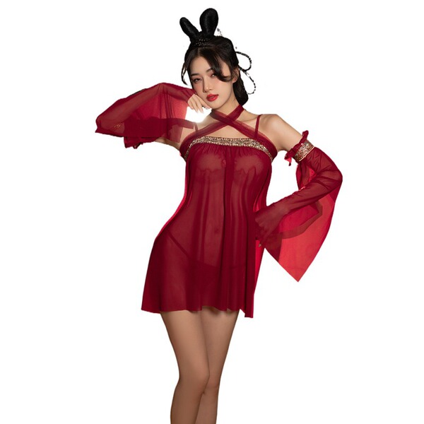 A woman poses in an elegant red ancient chinese costume lingerie set, featuring a seductive hanfu-inspired design with sheer ...