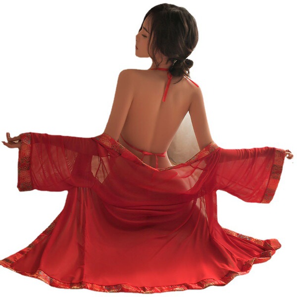 Woman wearing red ancient chinese court bodice set with flowing outer robe, showcasing backless design and elegant hanfu cost...