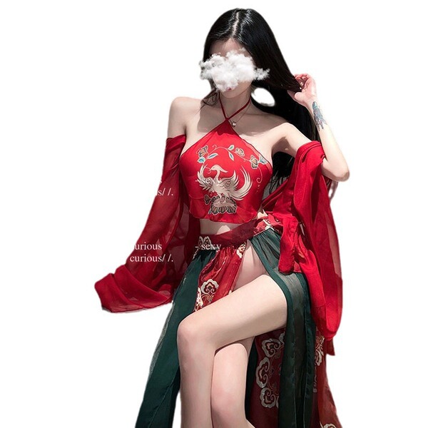 Ancient chinese court-style lingerie set - sensual hanfu doudou & sheer flying skirt with embroidery