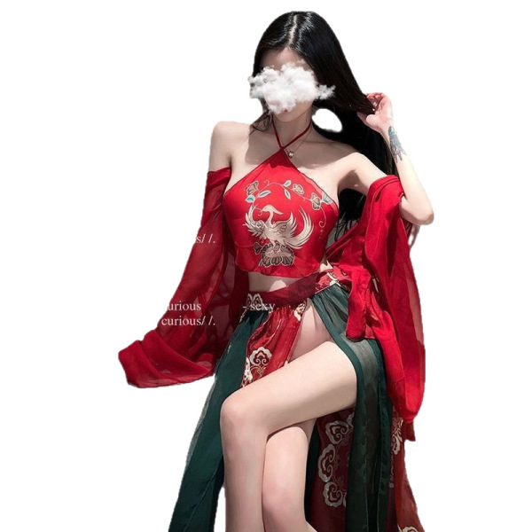 Woman wearing red embroidered hanfu doudou top and sheer green flying skirt, ancient chinese court-style lingerie set with se...
