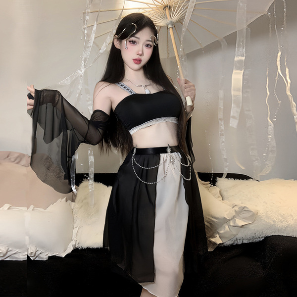 A woman wears an elegant ancient chinese hanfu lingerie set, featuring a sheer sensual sleep dress paired with a no-remove co...