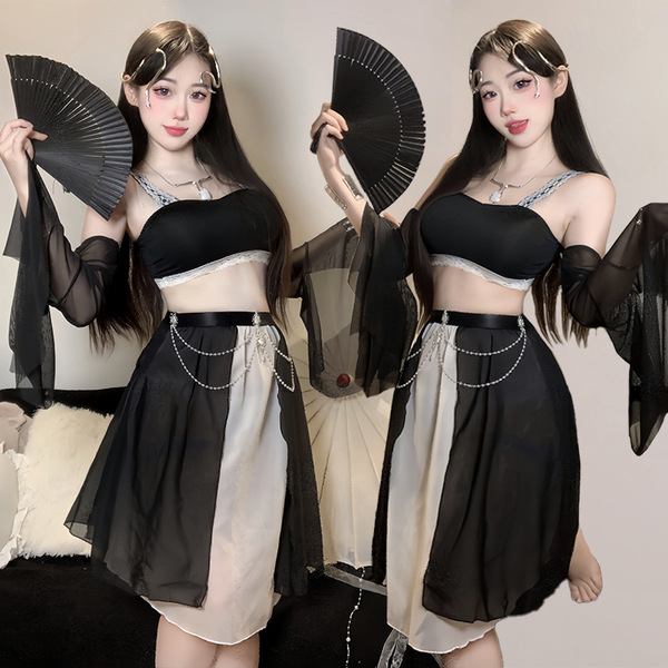 Two models showcase an ancient chinese hanfu lingerie set, featuring sheer sensual sleep dresses paired with elegant no-remov...