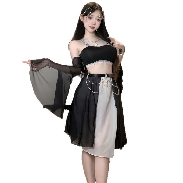 A woman models an ancient chinese hanfu lingerie set, featuring a sheer sensual sleep dress paired with a no-remove costume, ...