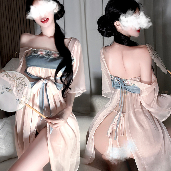 Vintage-inspired sheer chiffon hanfu dress with seductive palace-style dudou design, perfect for women seeking elegant ancien...