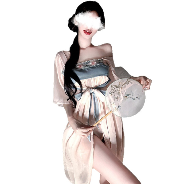 Vintage-inspired sheer chiffon hanfu dress paired with a delicate palace-style dudou fan, perfect for women seeking an elegan...
