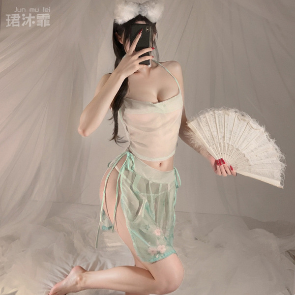 Vintage-inspired lingerie set featuring sheer silk belly band bodysuit, delicate floral design, and elegant feather fan acces...