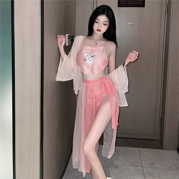 Vintage silk-embroidered cheongsam sleepwear set featuring sheer chiffon skirt and elegant bodice design.
