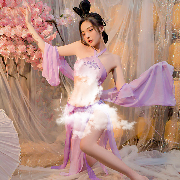 Elegant ancient chinese style moon goddess lingerie set featuring hanfu-inspired design with delicate floral patterns and flo...