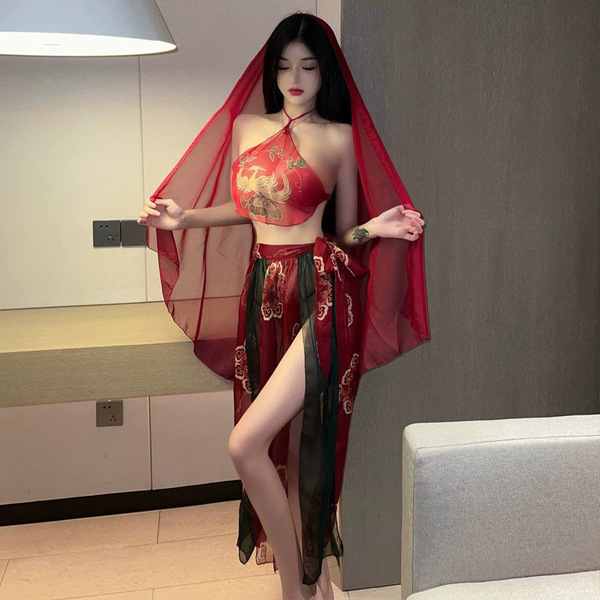 Seductive ancient chinese palace-style lingerie set featuring a detailed hanfu bodice and sheer flying skirt with intricate e...