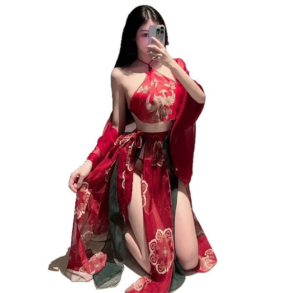 A woman poses in an ancient chinese palace-style lingerie set featuring a seductive hanfu bodice and sheer flying skirt adorn...
