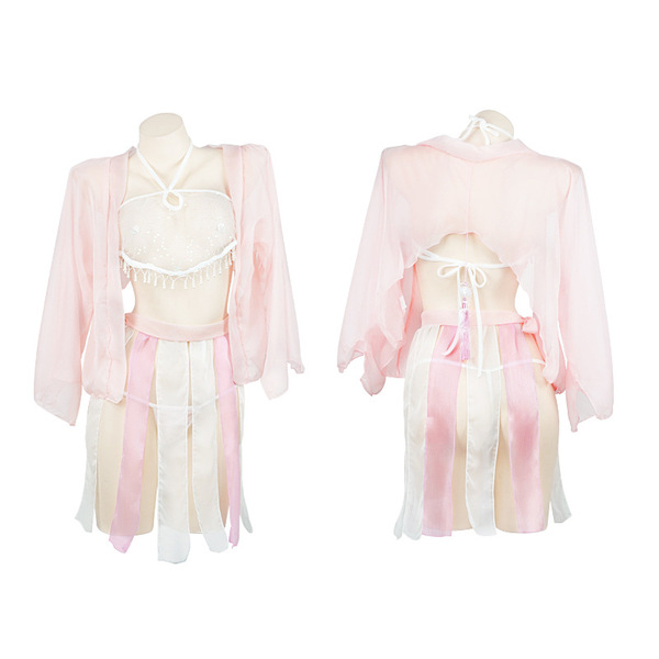 Ancient chinese silk belly dance sleep dress - pearl-adorned hanfu style sensual nightgown for women, featuring delicate pink...