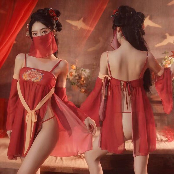 The ancient peony dance sleeve set features floral hanfu-inspired design with delicate red silk, offering sensual allure and ...