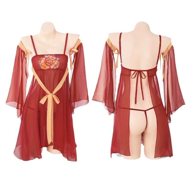 Ancient peony dance sleeve set - floral hanfu-inspired sensual lingerie & silk sleepwear featuring elegant floral embroidery ...