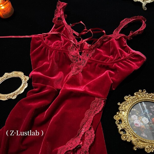 Anheyan red velvet sexy lingerie set - deep v-neck tie-strap nightdress for christmas & new year, elegant design with lace de...