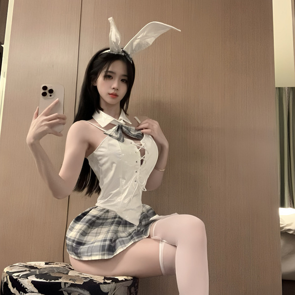 Anime bunny girl cosplay costume featuring a sexy pvc maid outfit with ties, perfect for japanese-style fetish wear.