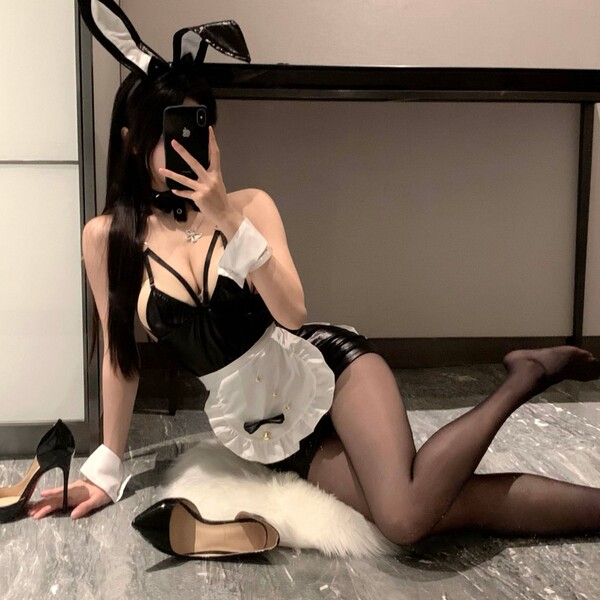 Anime bunny girl costume set featuring a sexy maid outfit with sheer lace and flirty apron, perfect for cosplay.