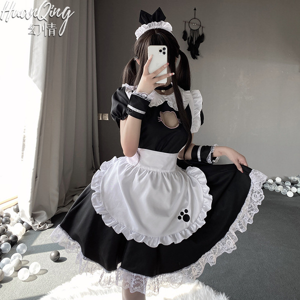 Anime cat girl lingerie set - cute maid costume with lolita style, featuring black and white colors, lace details, and playfu...