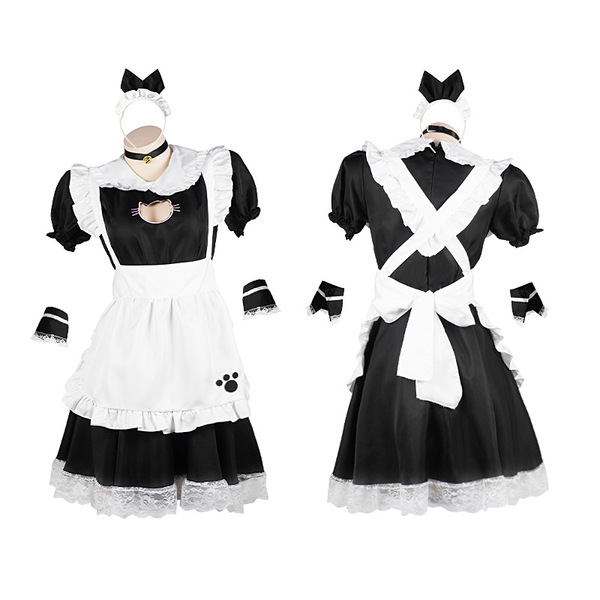 Anime cat girl lingerie set - cute maid costume with lolita style, featuring black and white design, cat ears, and lace detai...