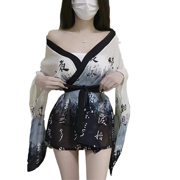 Anime cosplay bodysuit with black tie belt, featuring intricate designs and off-shoulder style, perfect for themed parties an...