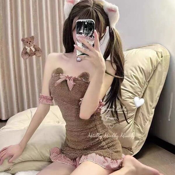 Anime maid cosplay dress featuring cute cat ears, plush trim, and seductive design elements perfect for themed events or cosp...