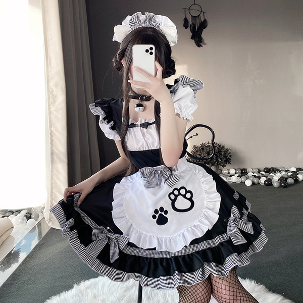Anime maid costume dress featuring black and white checkered fabric, fluffy ruffles, and paw prints on apron, perfect for cos...