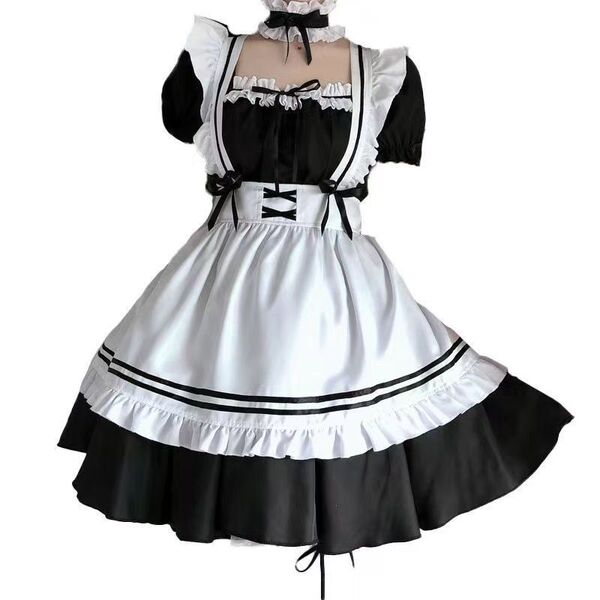 Anime maid costume dress featuring black and white colors, ruffled sleeves, and a layered skirt perfect for cosplay or daily ...
