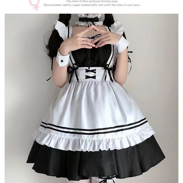 Anime maid costume dress featuring a black and white design with ruffles and bows, perfect for cosplay or daily wear.