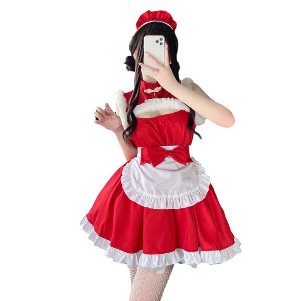 Anime maid costume dress featuring red and white colors with ruffles and a bow, perfect for cosplay events like anime convent...