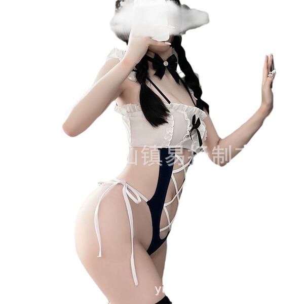 Sexy anime maid cosplay bodysuit with adjustable straps, soft fabric, and cute bow details for lingerie or costume play.