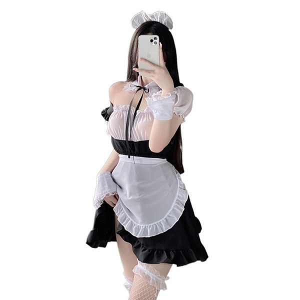 Anime maid costume for women featuring a transparent loli lolita outfit with sheer lace and ribbon details, perfect for cospl...