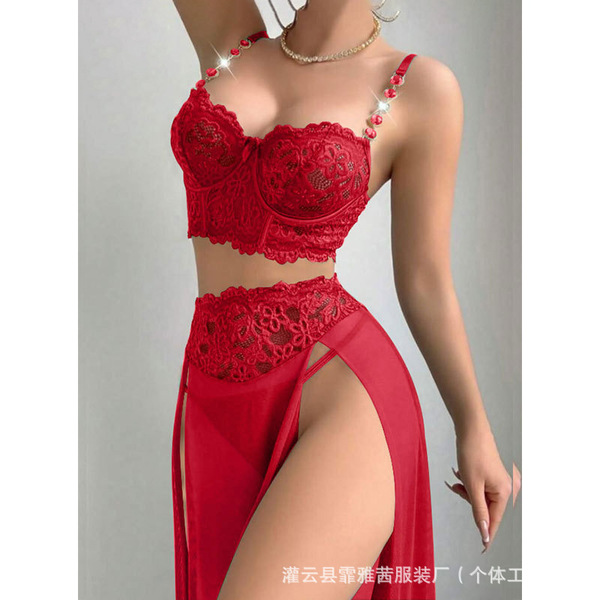 Plus Size Sexy Lace Sheer Chemise - High-Quality Peekaboo Slit Long Slip Dress with Push-Up Straps - B004 Burgundy