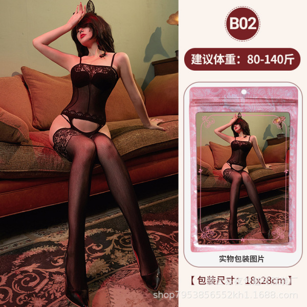 Women's Sexy Lace Mesh Bodysuit with Open-Crotch Design - Elegant European-Style Sheer Tights Set - B02