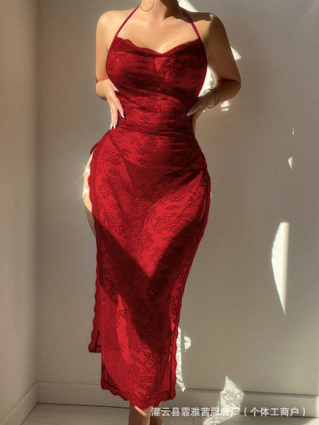 Plus Size Sexy Lace Sheer Dress - Elegant Mesh Long Nightgown for Women, European and American Foreign Trade Inspired Li - B022 Burgundy