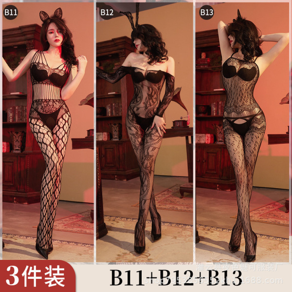 Women's Sexy Lace Mesh Bodysuit with Open-Crotch Design - Elegant European-Style Sheer Tights Set - B11+B12+B13