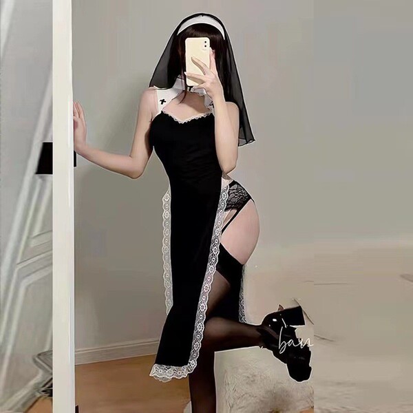 Sexy Nun Costume Set - Lacy Role Play Sleepwear with High Slit & Cutout Design for Cosplay & Intimate Nights - Black + B28 Black Tear-Off Stockings