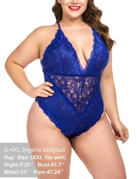 RanShengYiRan Deep V Lace Bodysuit - Sexy Sheer Temptation Lingerie for Bedroom Passion - Royal Blue