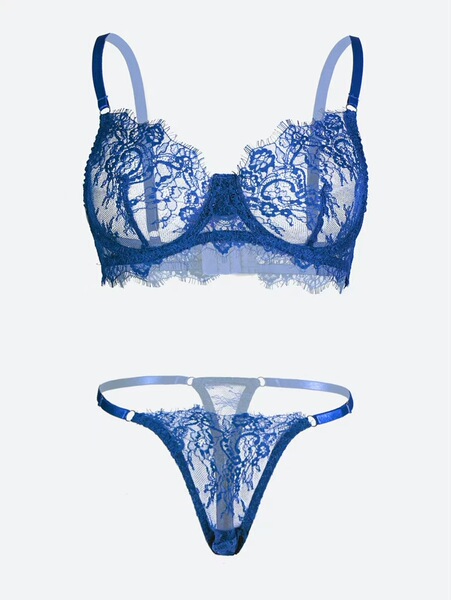 Sexy Lace Trim Bodysuit - Slim-Fit Cross-Border Party Crop Top & Bra Set - Royal Blue