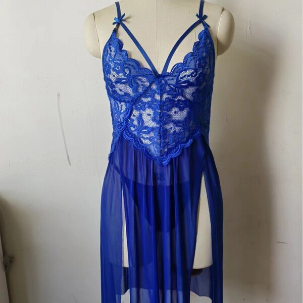 European-Style Sexy Lace Sleepwear Set – Sheer Mesh Cami & Slit Long Nightgown for Women - Royal Blue