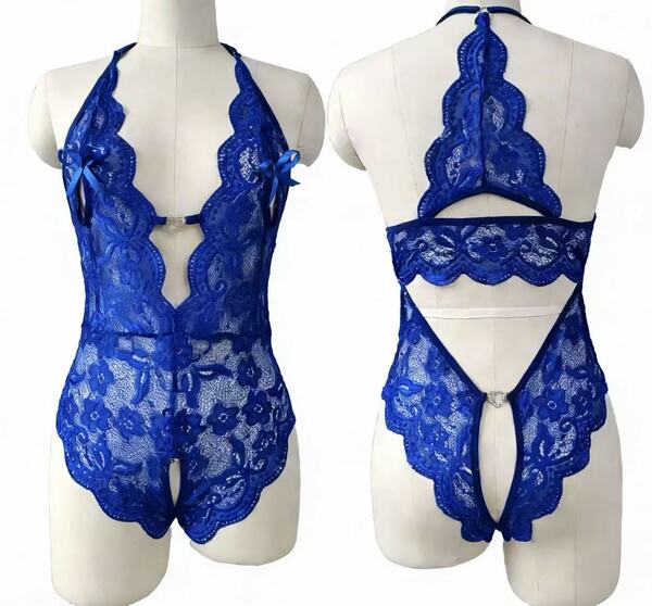 Lace Sheer Open-Crotch Bodysuit - Sexy Sleepwear for Women,Europe and America-Style Erotic Lingerie Wholesale & Dropship - Royal Blue