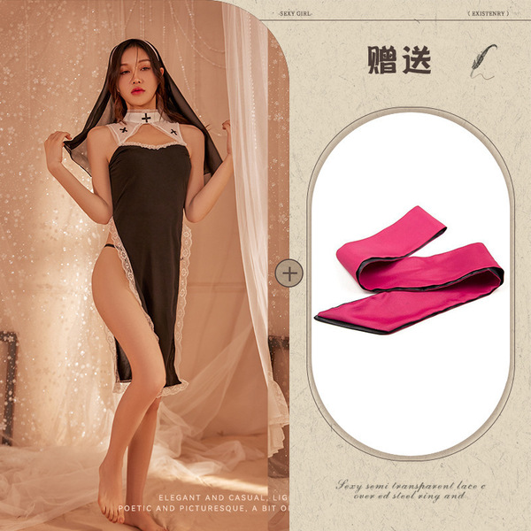 Midnight Temptation Sexy Nun Costume - Lace Bodice Role Play Outfit with Sheer Panels & High Slit - Image Set + Straps